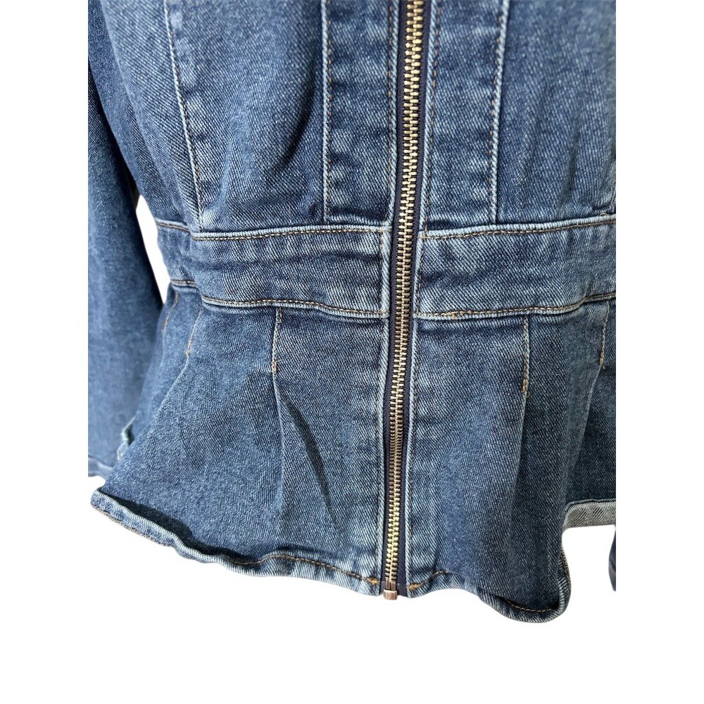 DKNY Jacket Womens Size M Blue Denim Peplum Full Zip Stand Collar Long - Picture 3 of 9
